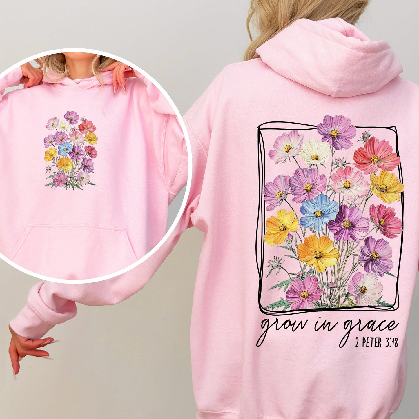 Grow In Grace, Flowers, Front and Back, Christian, Faith, Gospel, Religious, Jesus Hoodie, Hooded Sweatshirt