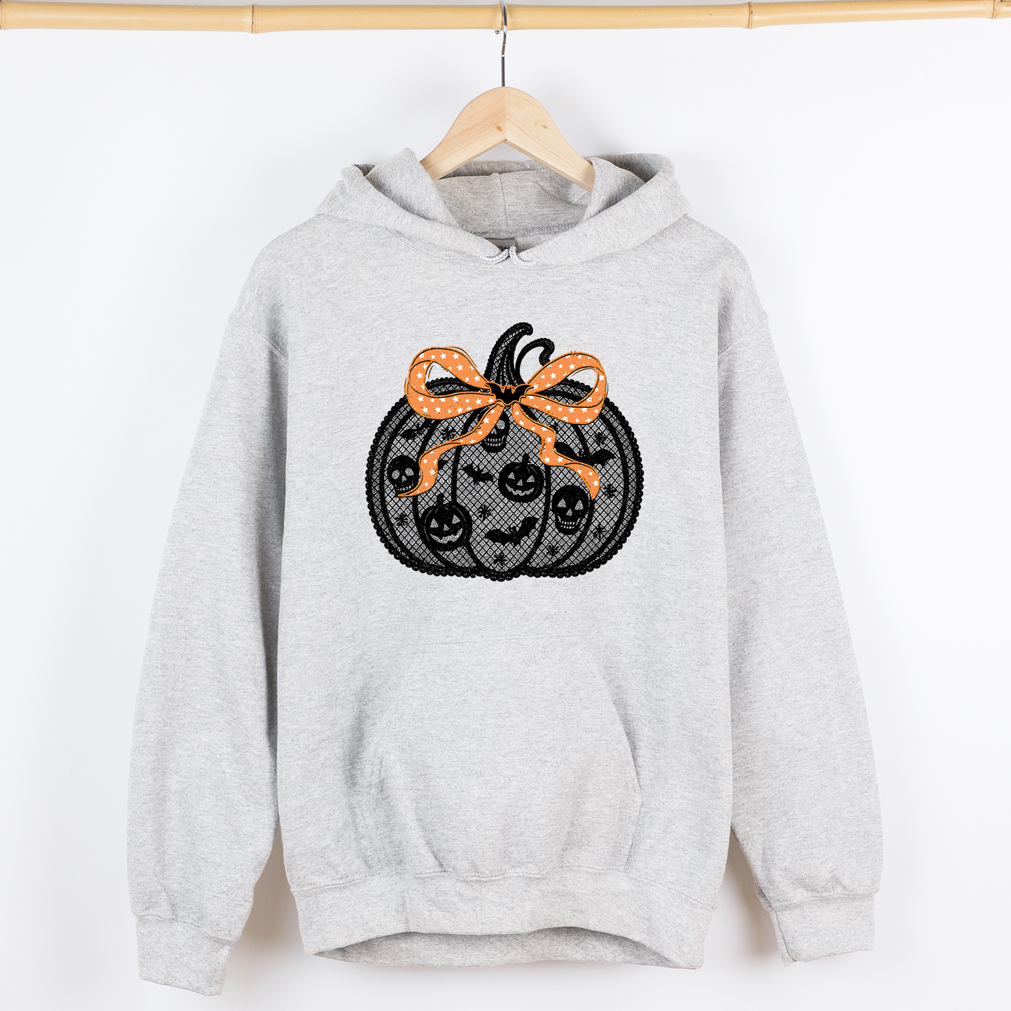Halloween Pumpkin, Faux Lace, Coquette, Ribbon, Bows, Graphic Hoodie, Hooded Sweatshirt