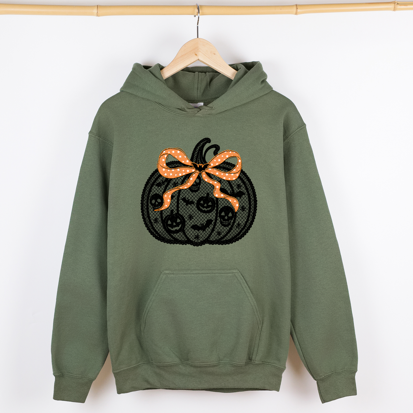 Halloween Pumpkin, Faux Lace, Coquette, Ribbon, Bows, Graphic Hoodie, Hooded Sweatshirt