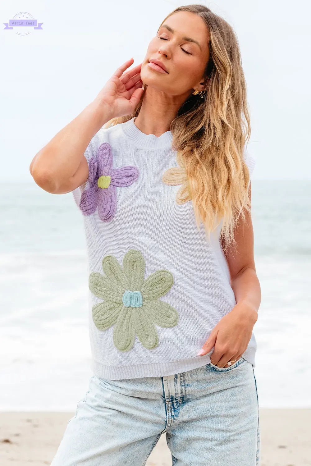 Hannah Crochet Flower Knit Short Sleeve Sweater Top Threaded Pear Aaria Tees