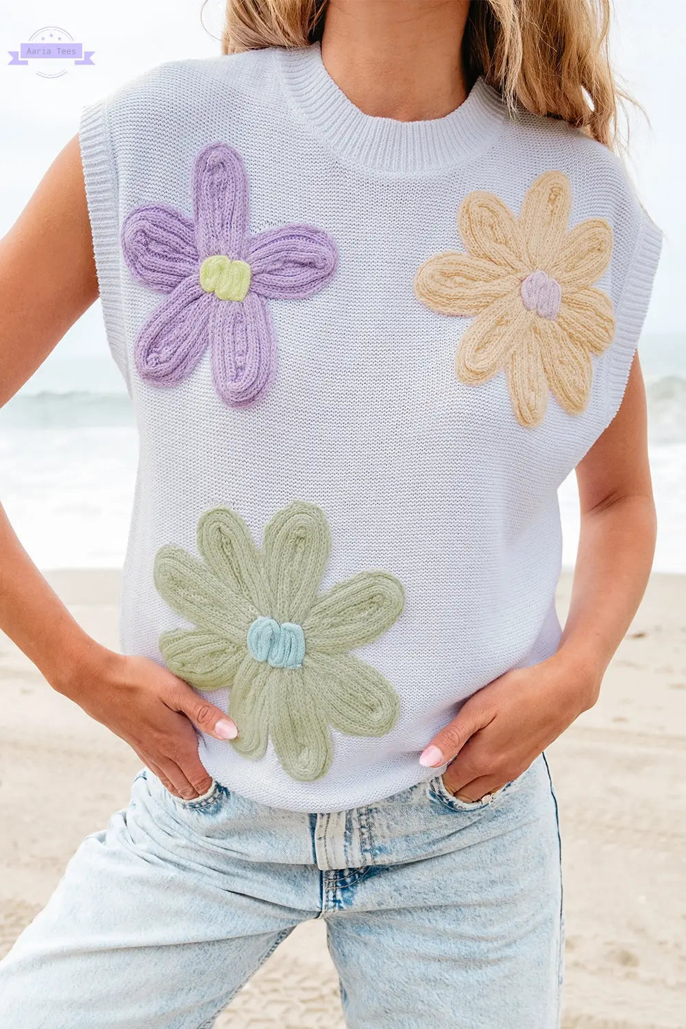 Hannah Crochet Flower Knit Short Sleeve Sweater Top Threaded Pear Aaria Tees