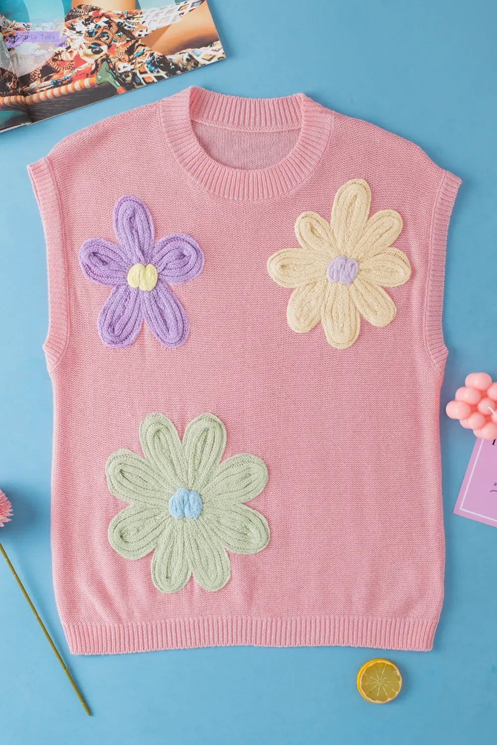 Hannah Crochet Flower Knit Short Sleeve Sweater Top Threaded Pear Aaria Tees