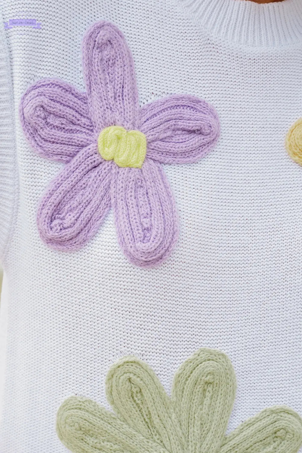 Hannah Crochet Flower Knit Short Sleeve Sweater Top Threaded Pear Aaria Tees