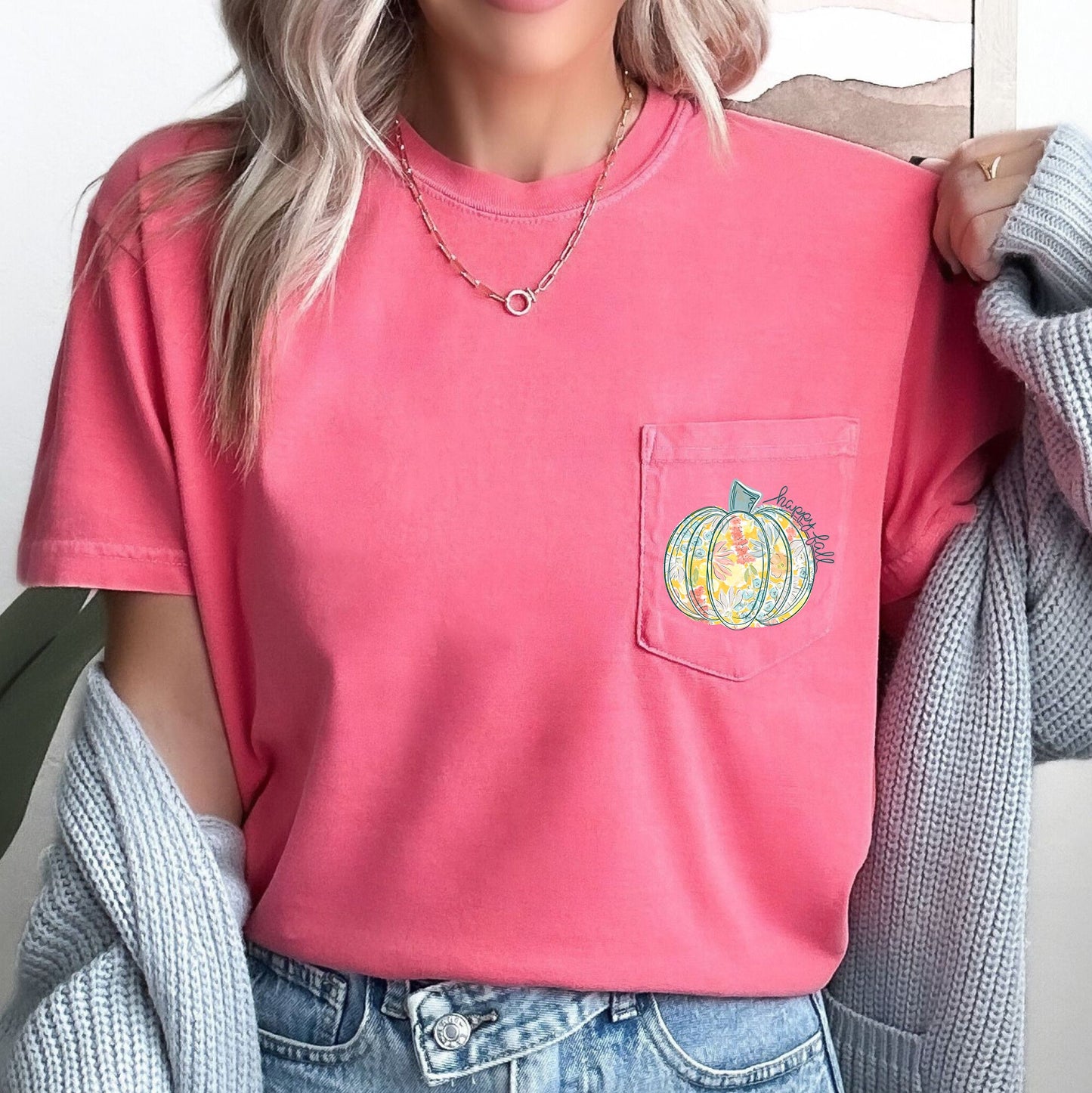 Happy Fall, Pastel Pumpkin, Thanksgiving, Flowers, Pocket Tee Comfort Colors T-Shirt