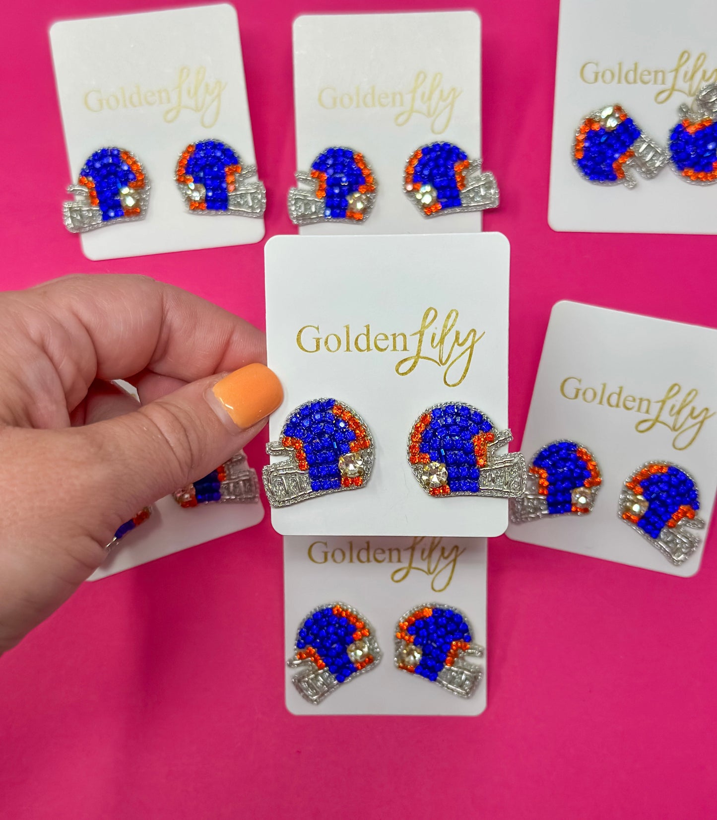 Game Day Helmet Stud Earrings -Orange and Blue