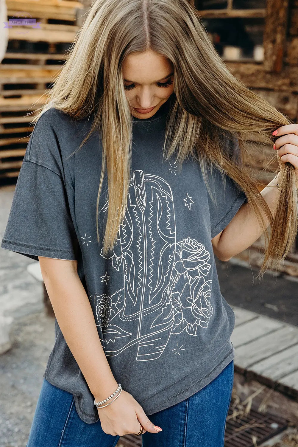 High-Rise Western Cowboy Boots Graphic Tee Aaria Tees