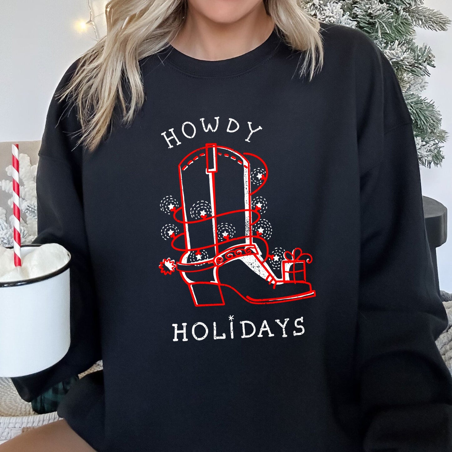 Howdy Holidays, Christmas Cowboy Boot Sweatshirt