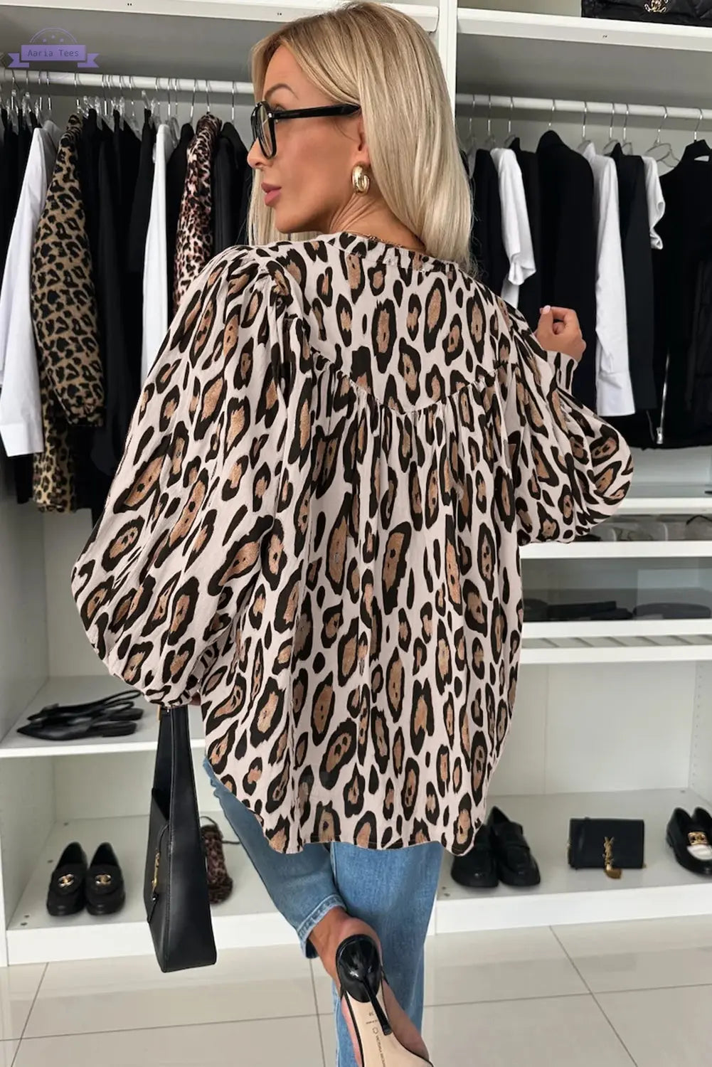 Jet Stream Oversized Leopard Print Balloon Sleeve Casual Shirt - Aaria Tees