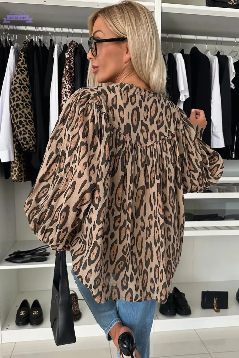 Jet Stream Oversized Leopard Print Balloon Sleeve Casual Shirt - Aaria Tees