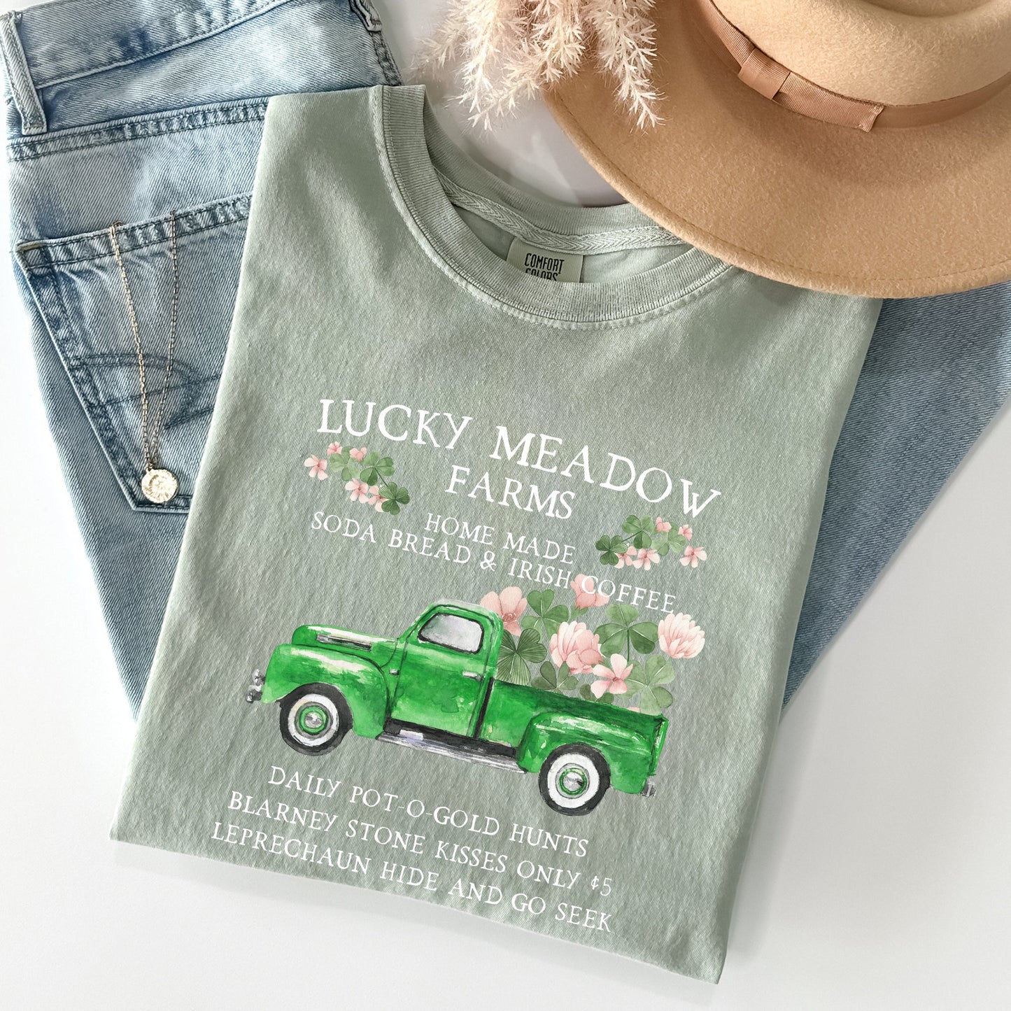 Lucky Meadow Farms, St Patrick's Day, Shamrock, Truck Comfort Colors Tshirt