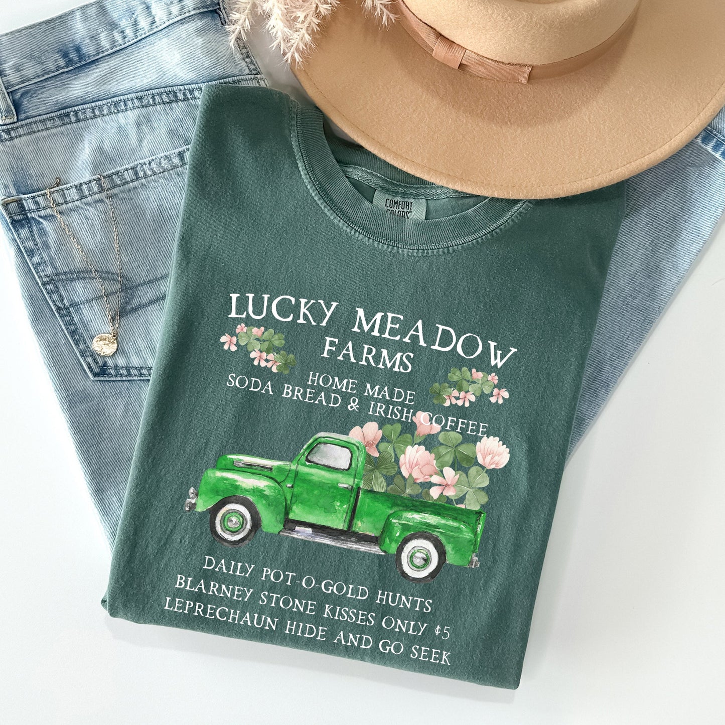 Lucky Meadow Farms, St Patrick's Day, Shamrock, Truck Comfort Colors Tshirt