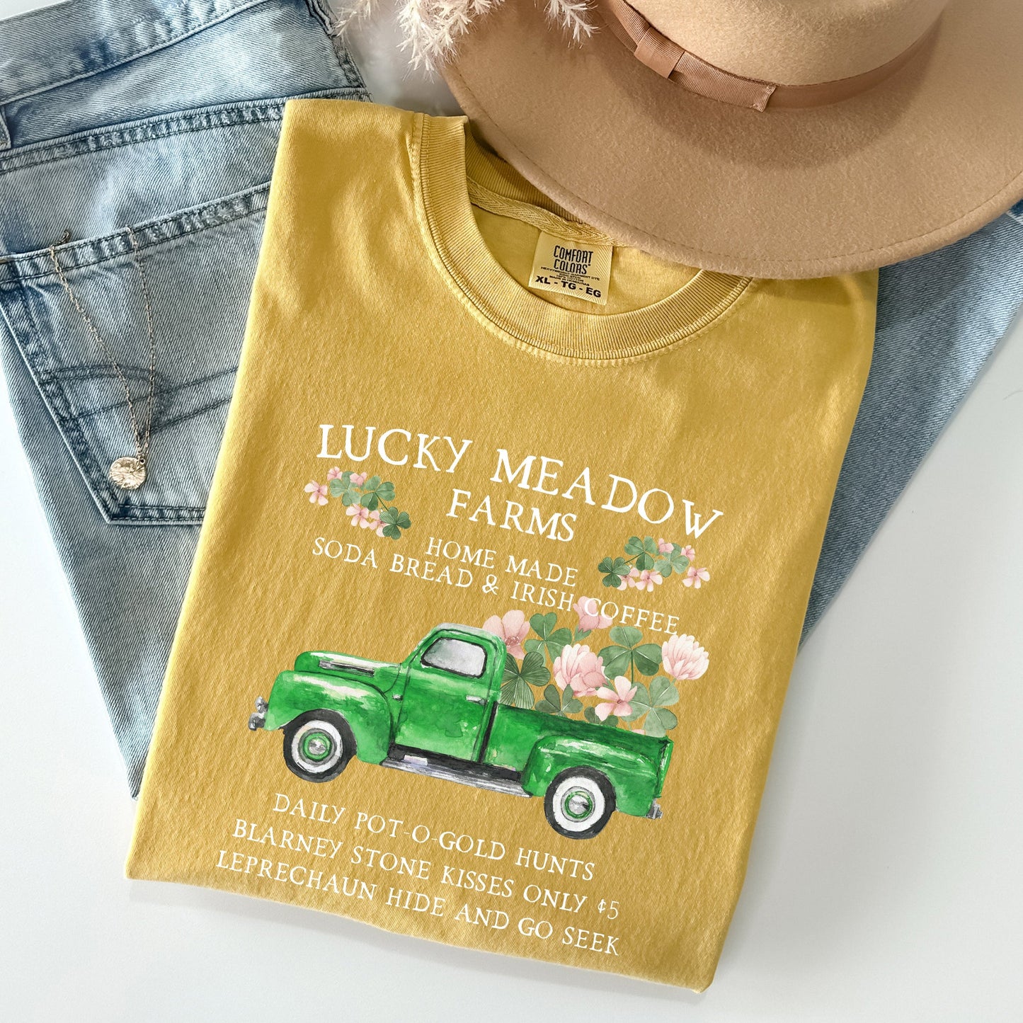 Lucky Meadow Farms, St Patrick's Day, Shamrock, Truck Comfort Colors Tshirt