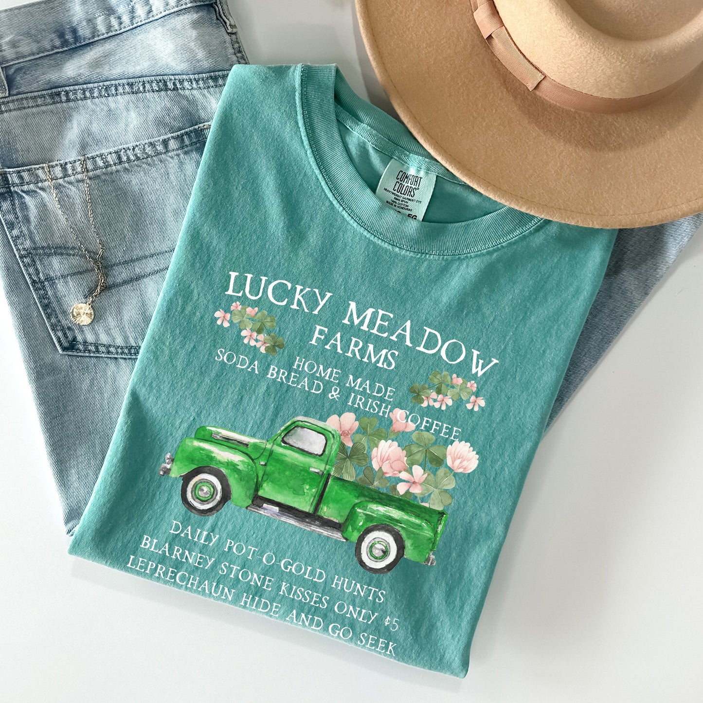 Lucky Meadow Farms, St Patrick's Day, Shamrock, Truck Comfort Colors Tshirt