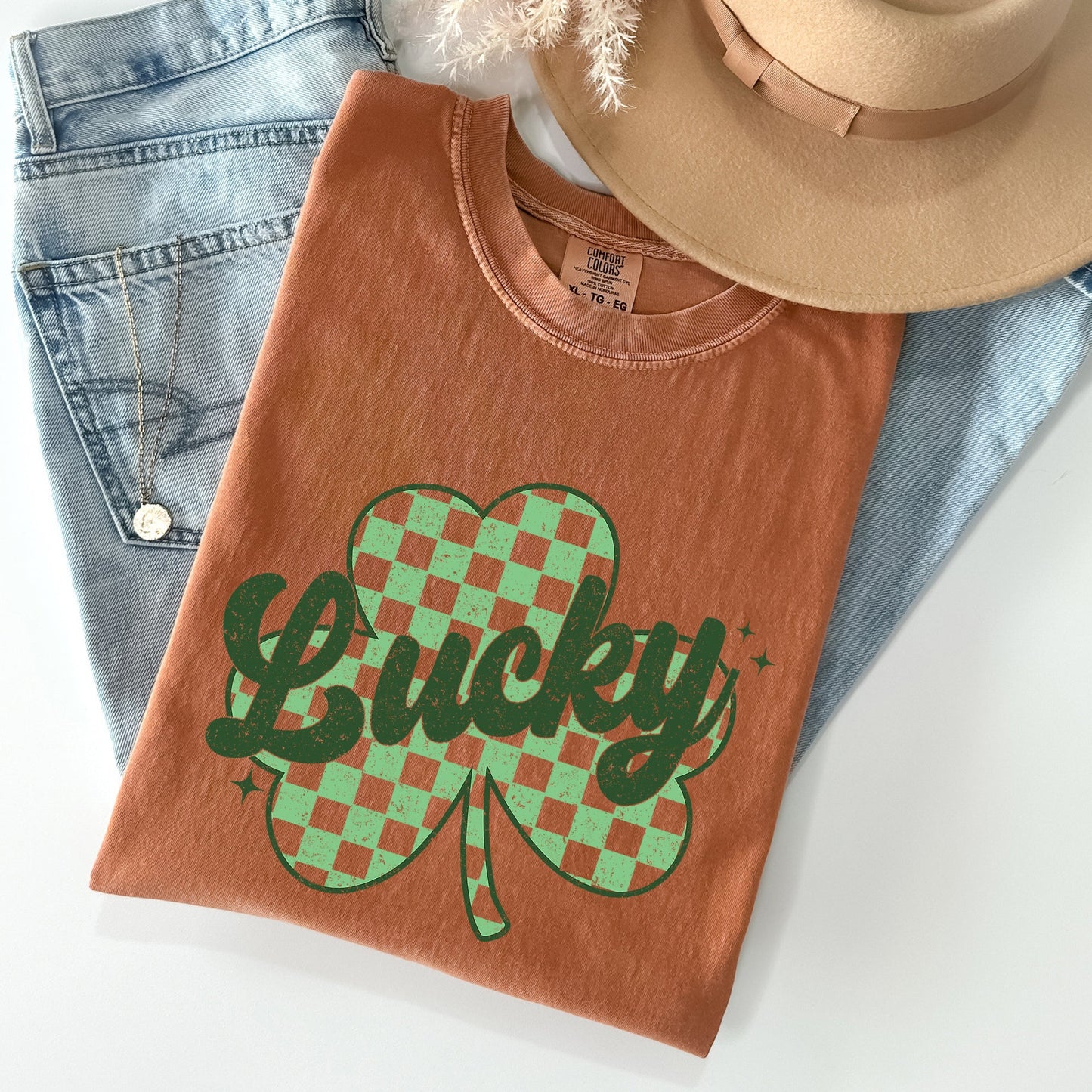 Lucky, Shamrock, Checker Print, St Patrick's Day Comfort Colors Tshirt