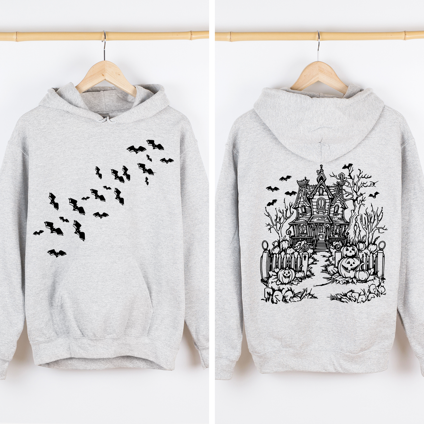 Haunted House, Front and Back, Halloween, Retro, Fall, Autumn, Bats, Witches, Skeleton, Jack-o-lanterns, Graphic Hoodie, Hooded Sweatshirt