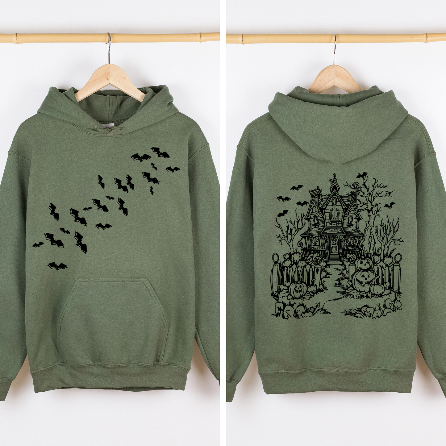 Haunted House, Front and Back, Halloween, Retro, Fall, Autumn, Bats, Witches, Skeleton, Jack-o-lanterns, Graphic Hoodie, Hooded Sweatshirt