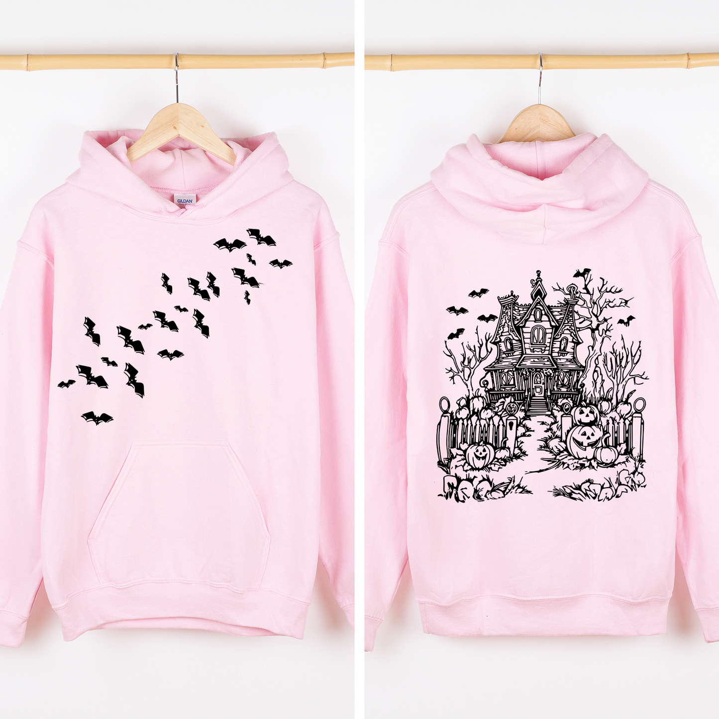 Haunted House, Front and Back, Halloween, Retro, Fall, Autumn, Bats, Witches, Skeleton, Jack-o-lanterns, Graphic Hoodie, Hooded Sweatshirt