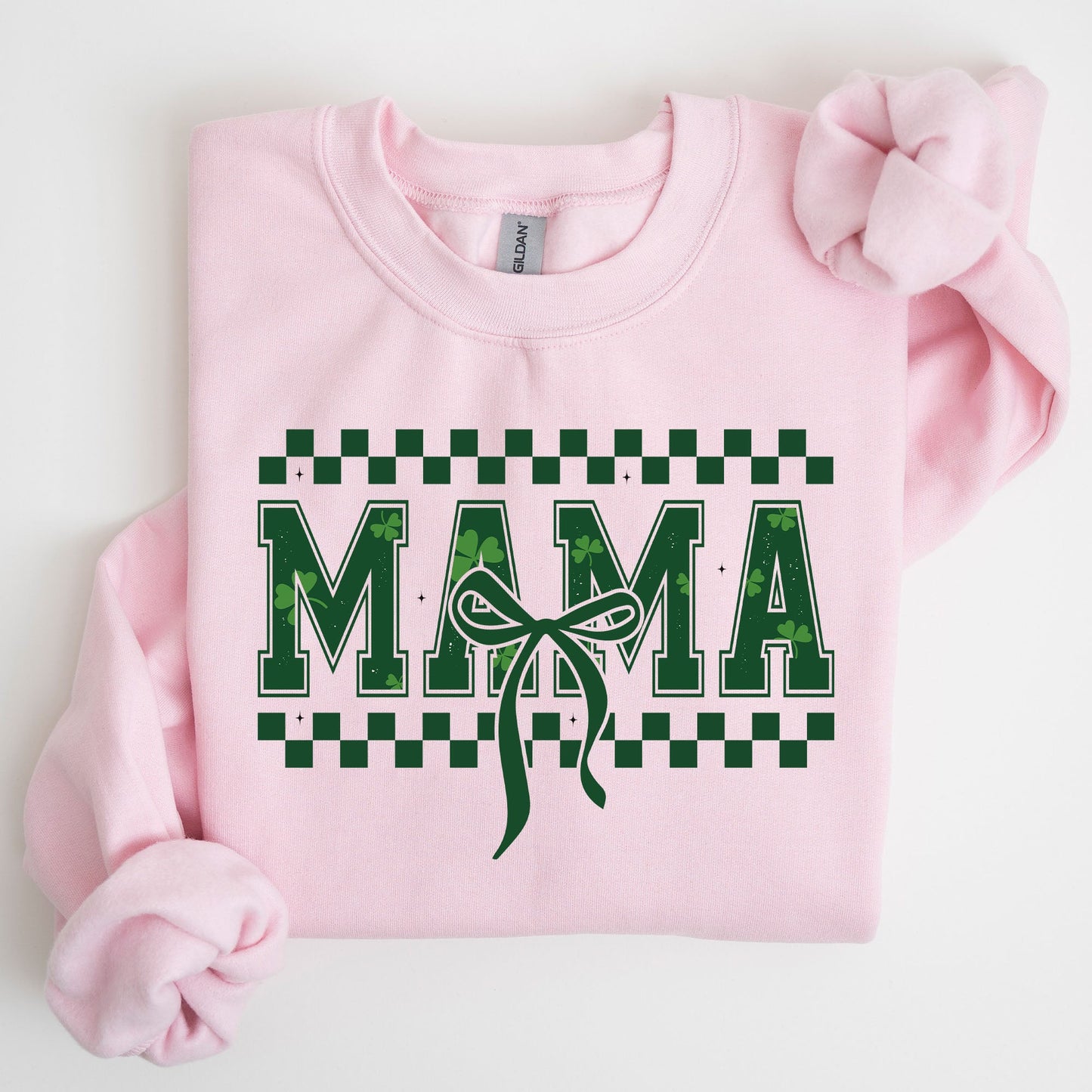 Checkered Mama, Vintage, St. Paddy's Day, Bow, Clover, Shamrock, Lucky, Irish, Lucky Charm, St Patrick's Day Sweatshirt