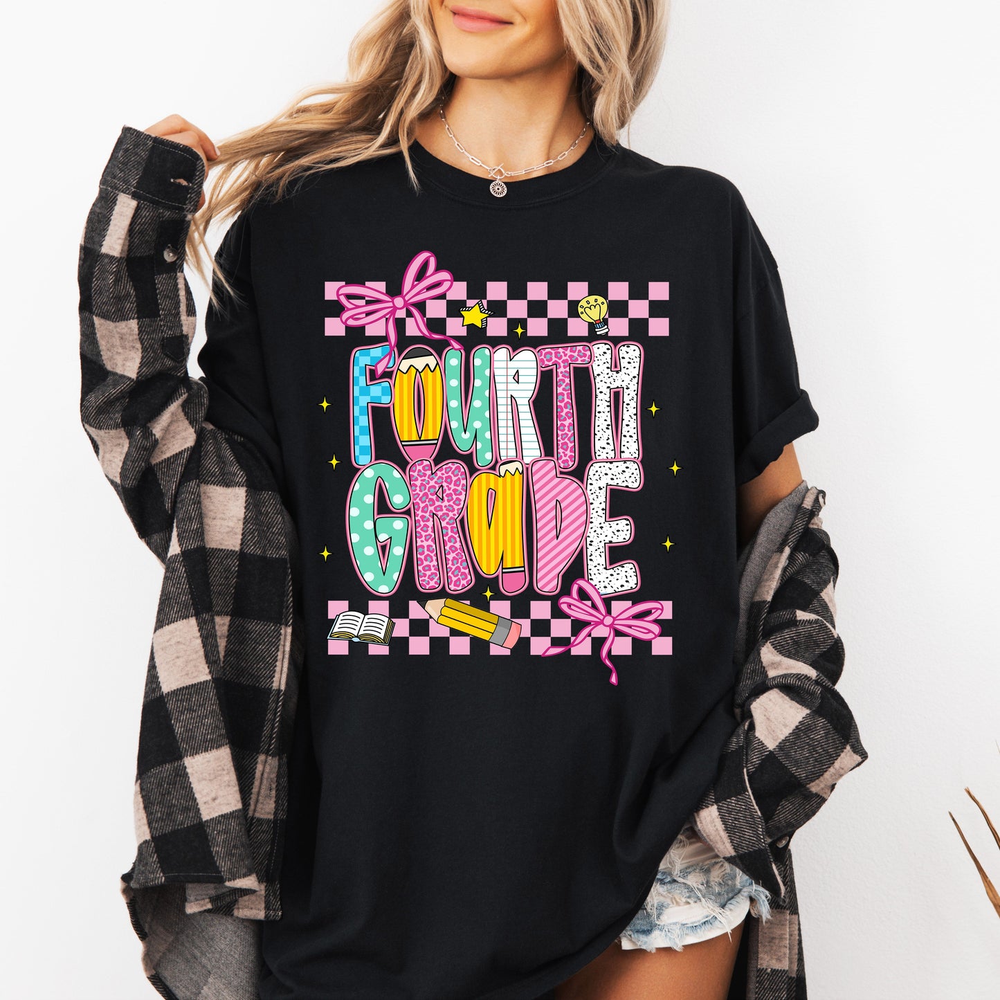 Fourth Grade, Teacher, Back to School, Checkered, Bow, First Day of School, Cute, Teacher Appreciation, Coquette, Comfort Colors T-Shirt