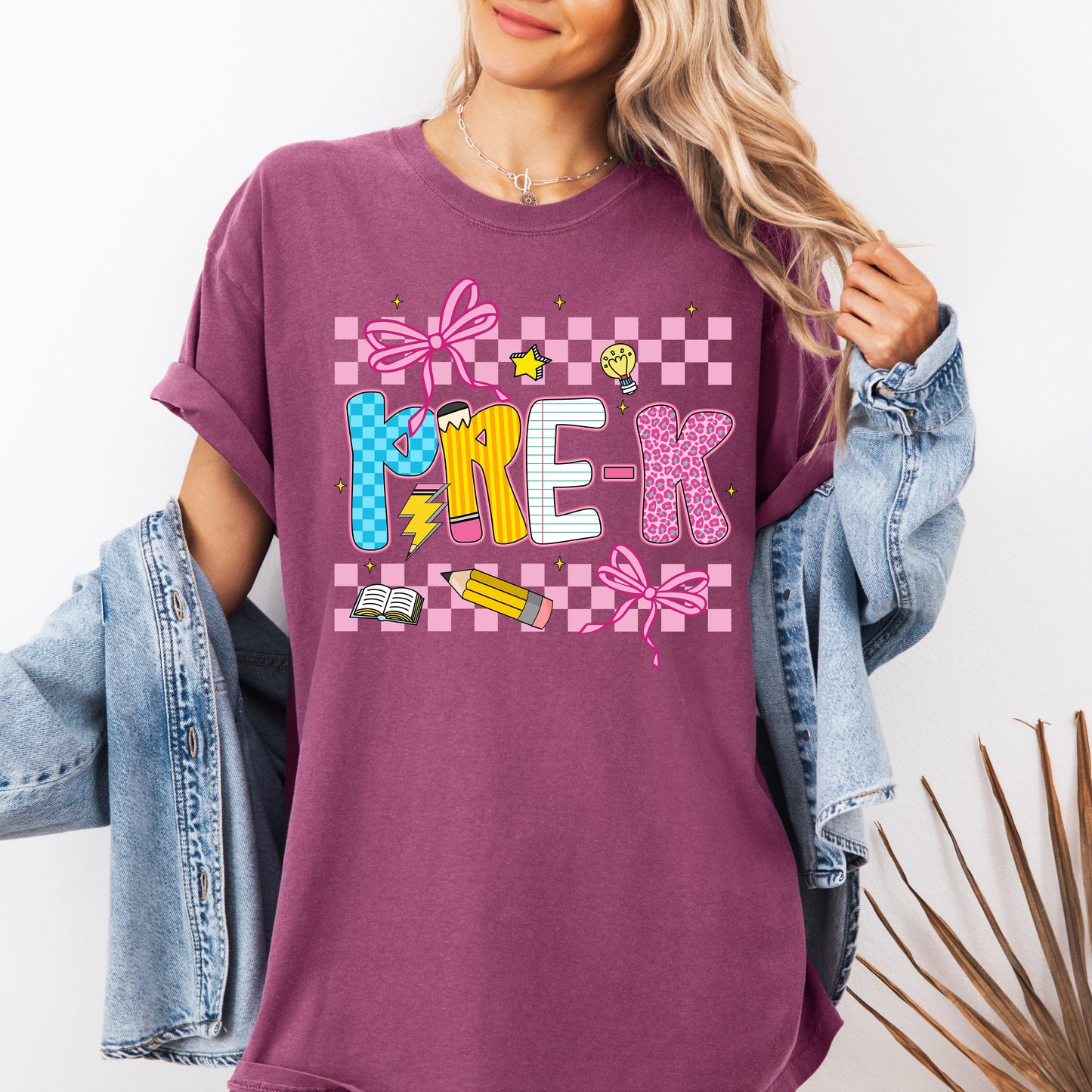 Pre-K, Teacher, Back to School, Checkered, Bow, First Day of School, Cute, Teacher Appreciation, Coquette, Comfort Colors T-Shirt