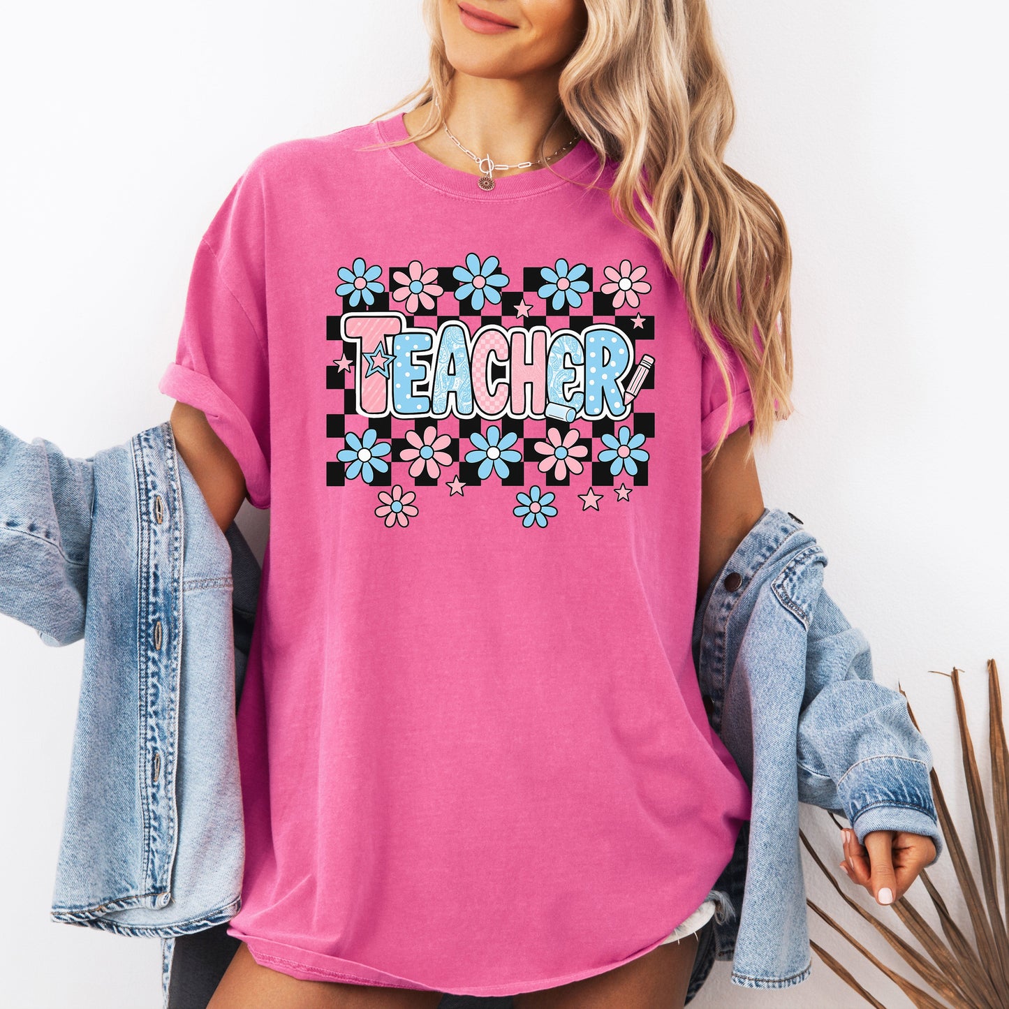 Teacher, Checkered, Retro, Floral, Back to School, First Day of School, Cute, Teacher Appreciation, Coquette, Comfort Colors T-Shirt