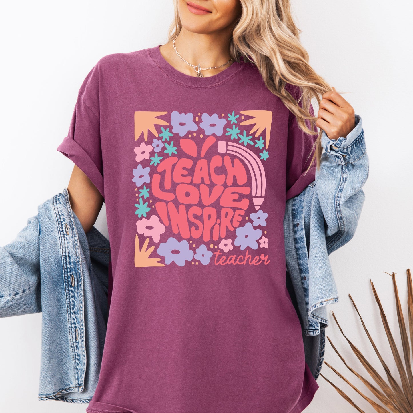 Teach Love Inspire, Teacher, Boho, Floral, Back to School, First Day of School, Cute, Teacher Appreciation, Coquette, Comfort Colors T-Shirt