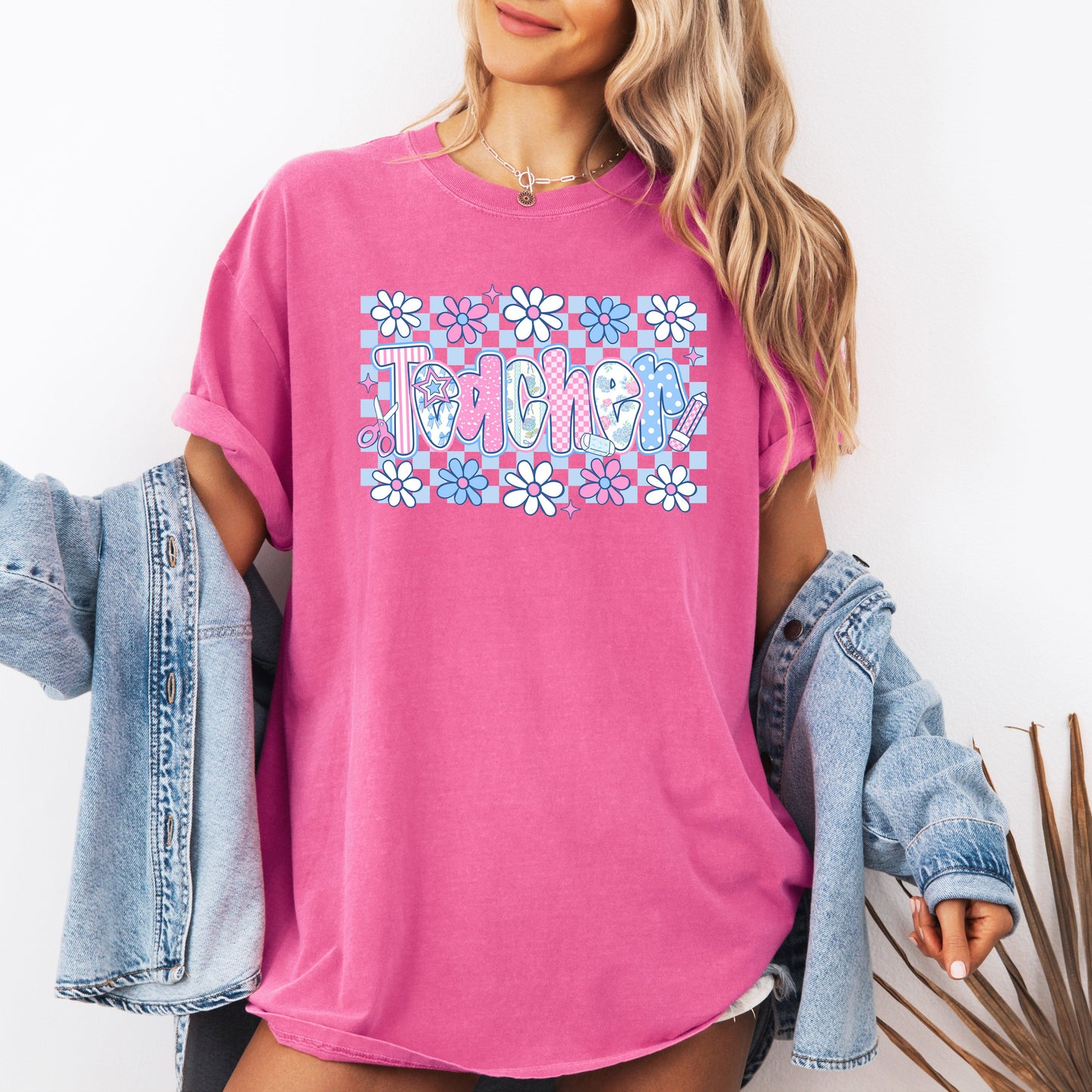 Floral, Teacher, Checkered, Retro, Back to School, Bow, First Day of School, Cute, Teacher Appreciation, Coquette, Comfort Colors T-Shirt