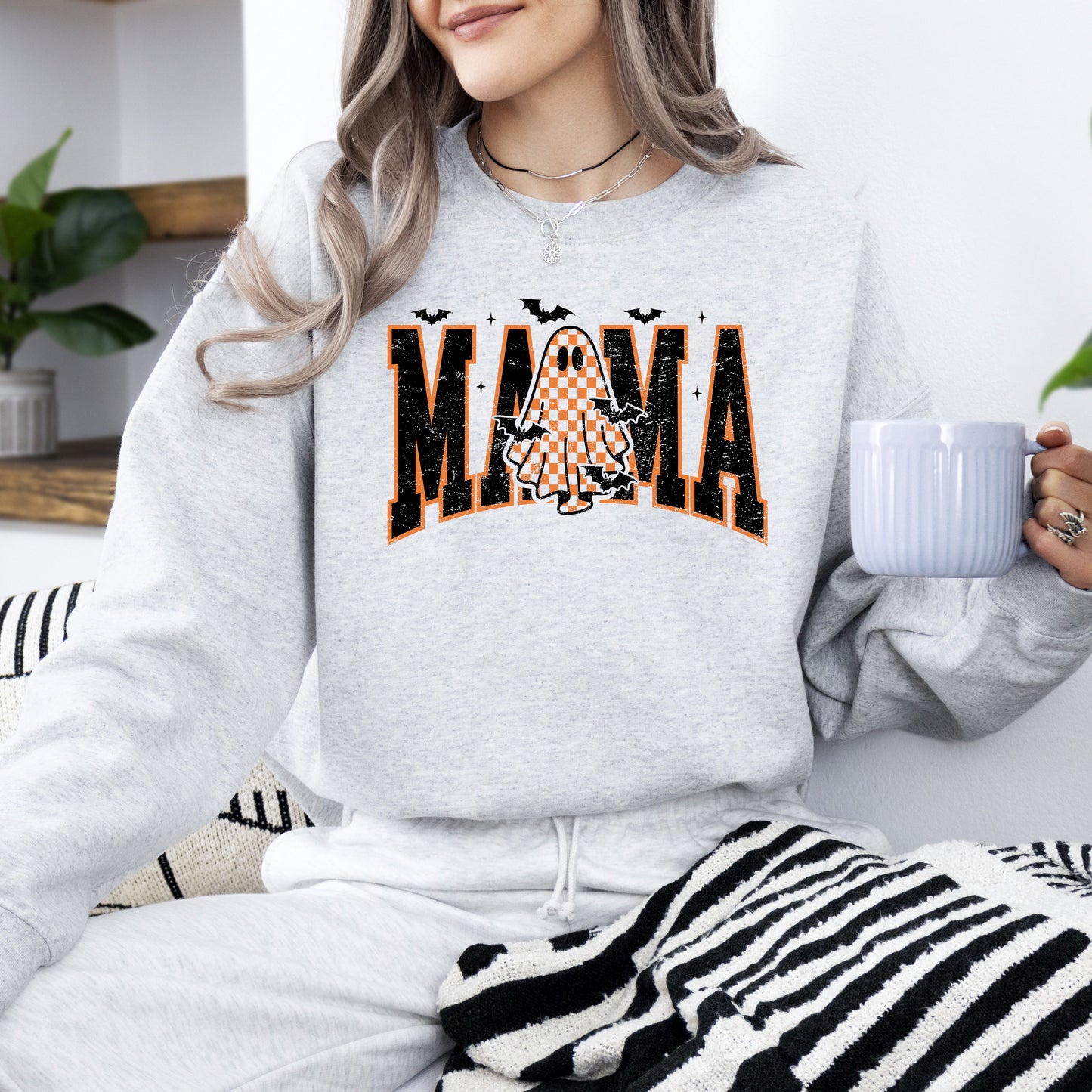 Halloween Mama, Ghost, Checkered, Retro, Vintage, Spooky, Costume, Fall, Graphic Sweatshirt
