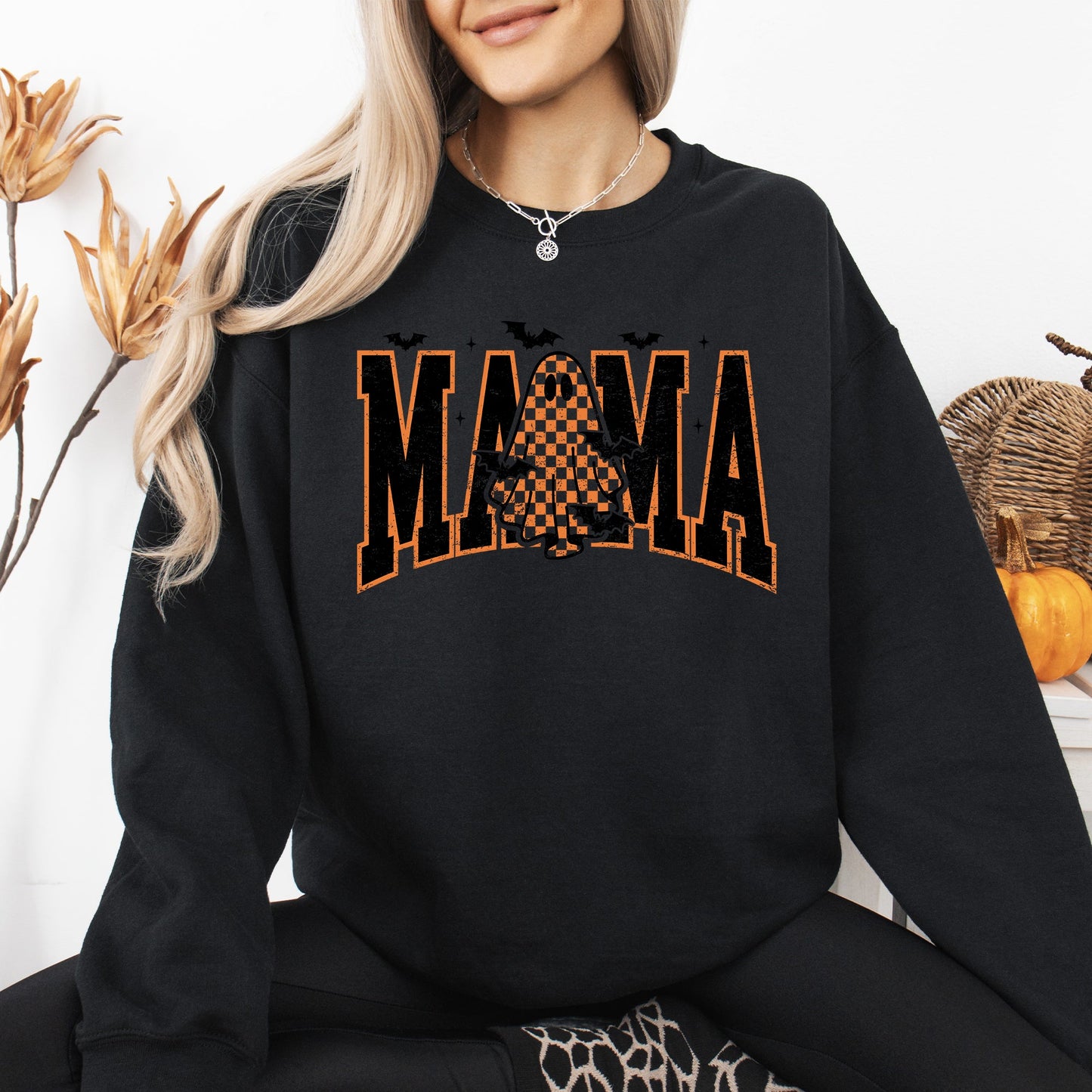 Halloween Mama, Ghost, Checkered, Retro, Vintage, Spooky, Costume, Fall, Graphic Sweatshirt