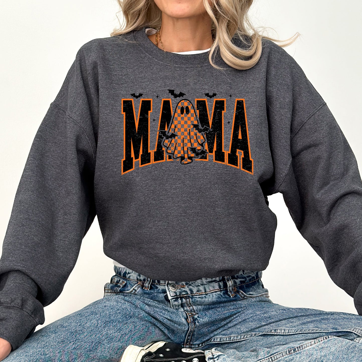 Halloween Mama, Ghost, Checkered, Retro, Vintage, Spooky, Costume, Fall, Graphic Sweatshirt