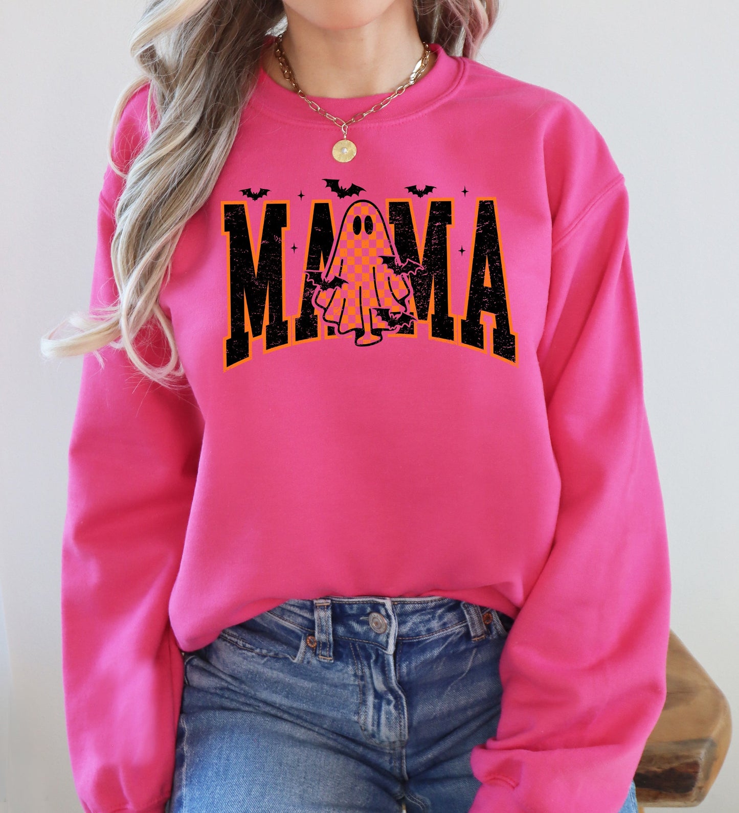 Halloween Mama, Ghost, Checkered, Retro, Vintage, Spooky, Costume, Fall, Graphic Sweatshirt