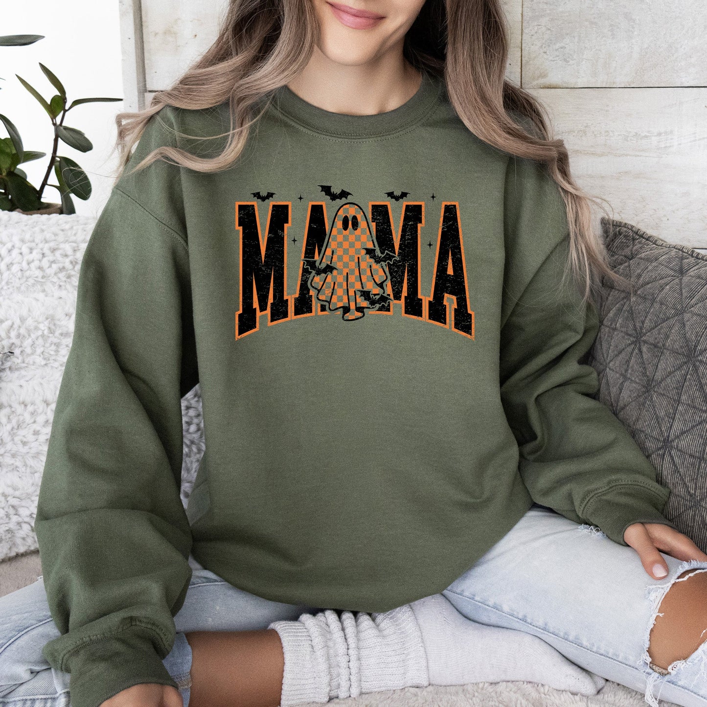 Halloween Mama, Ghost, Checkered, Retro, Vintage, Spooky, Costume, Fall, Graphic Sweatshirt