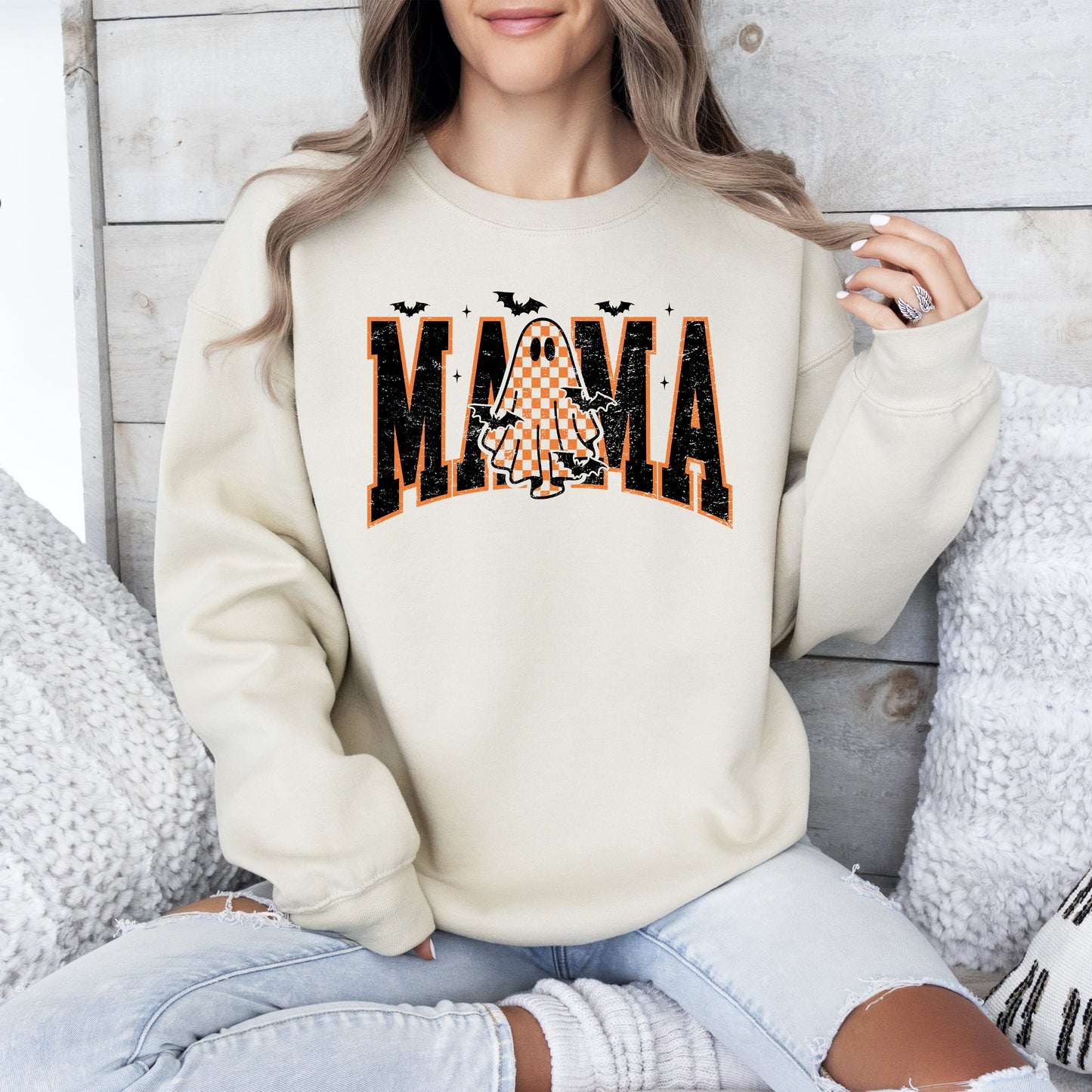 Halloween Mama, Ghost, Checkered, Retro, Vintage, Spooky, Costume, Fall, Graphic Sweatshirt