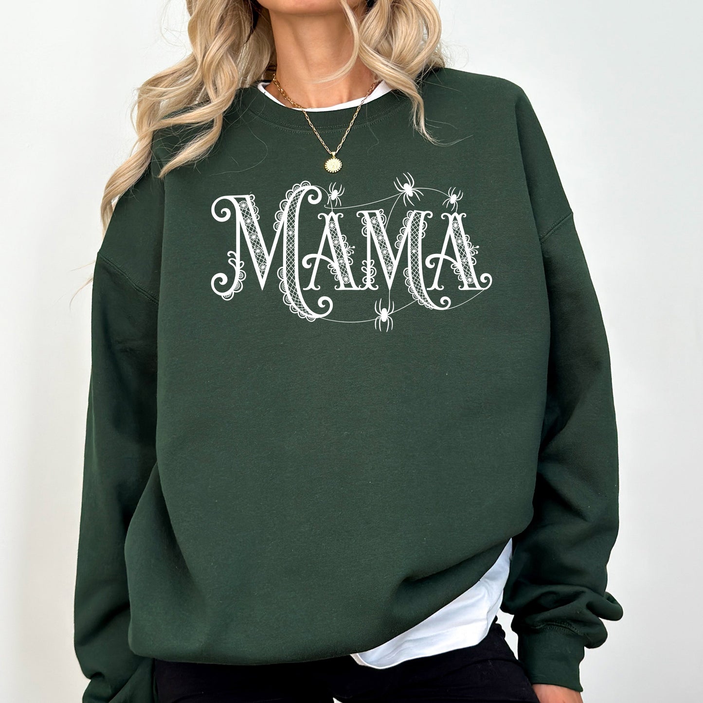 Mama, Lace, Spiders, Halloween, Ghost, Checkered, Retro, Vintage, Spooky, Costume, Fall, Graphic Sweatshirt