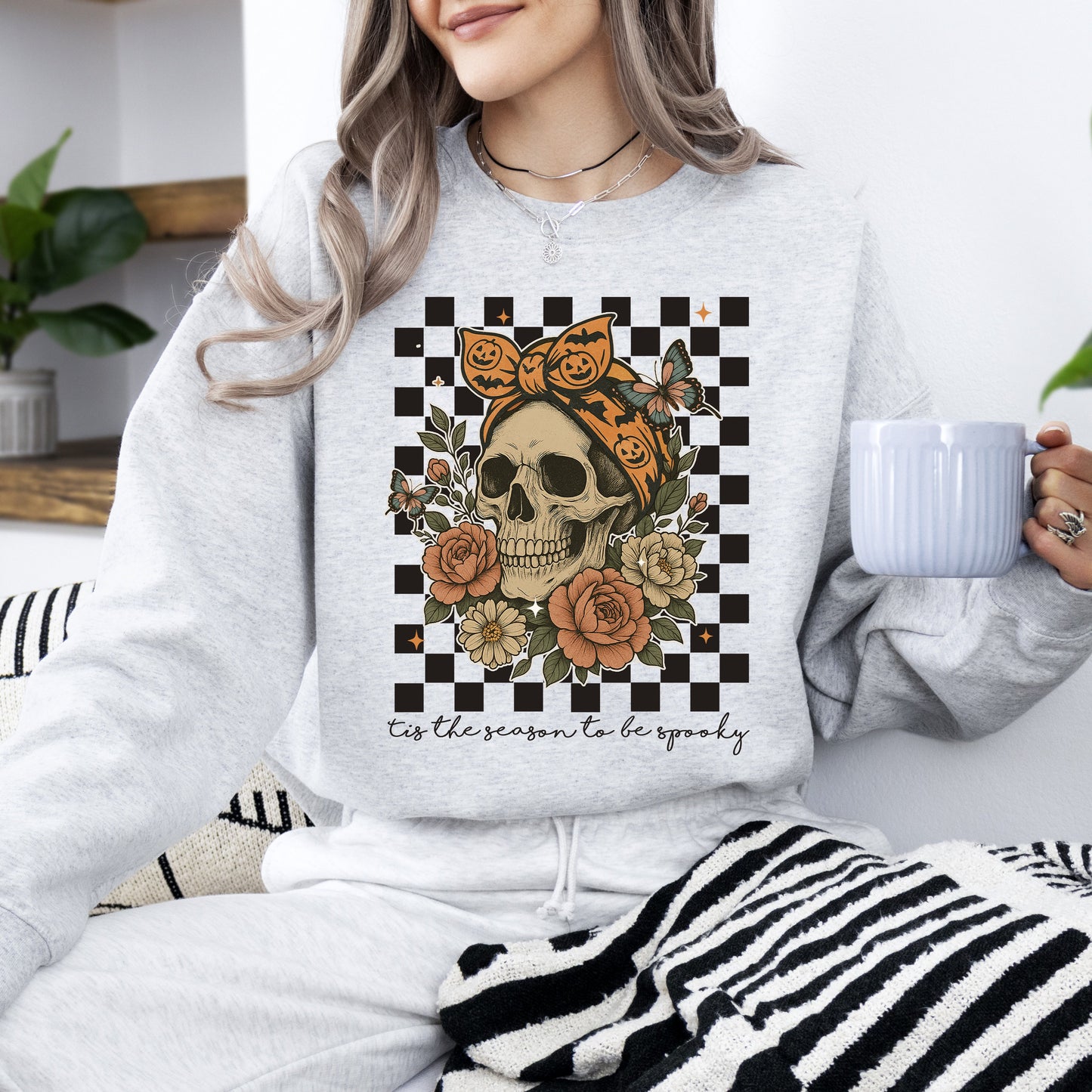 Tis The Season, Skull, Halloween, Ghost, Checkered, Retro, Vintage, Spooky, Costume, Fall, Graphic Sweatshirt