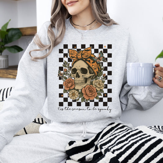 Tis The Season, Skull, Halloween, Ghost, Checkered, Retro, Vintage, Spooky, Costume, Fall, Graphic Sweatshirt