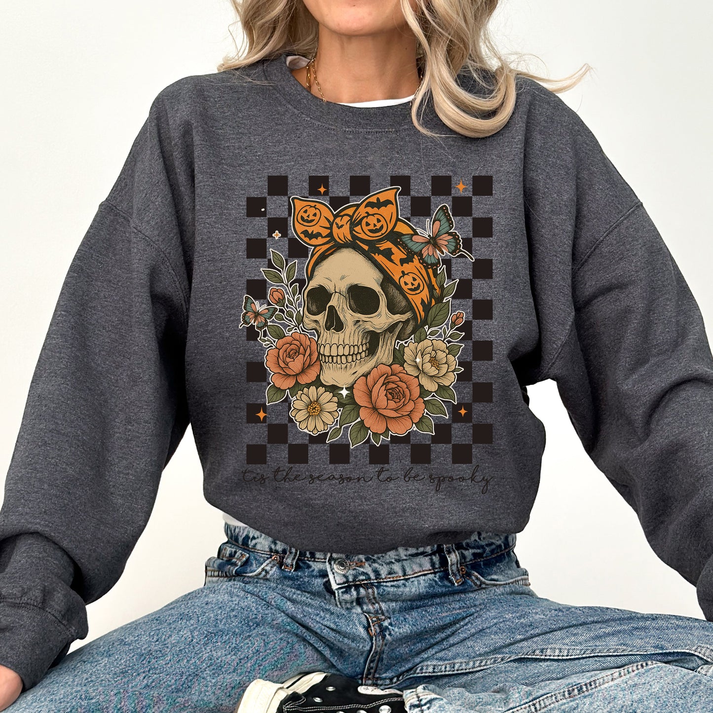 Tis The Season, Skull, Halloween, Ghost, Checkered, Retro, Vintage, Spooky, Costume, Fall, Graphic Sweatshirt