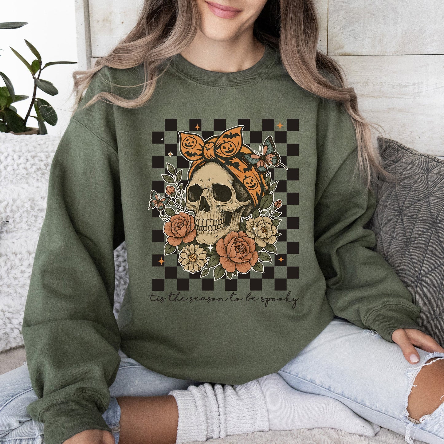 Tis The Season, Skull, Halloween, Ghost, Checkered, Retro, Vintage, Spooky, Costume, Fall, Graphic Sweatshirt