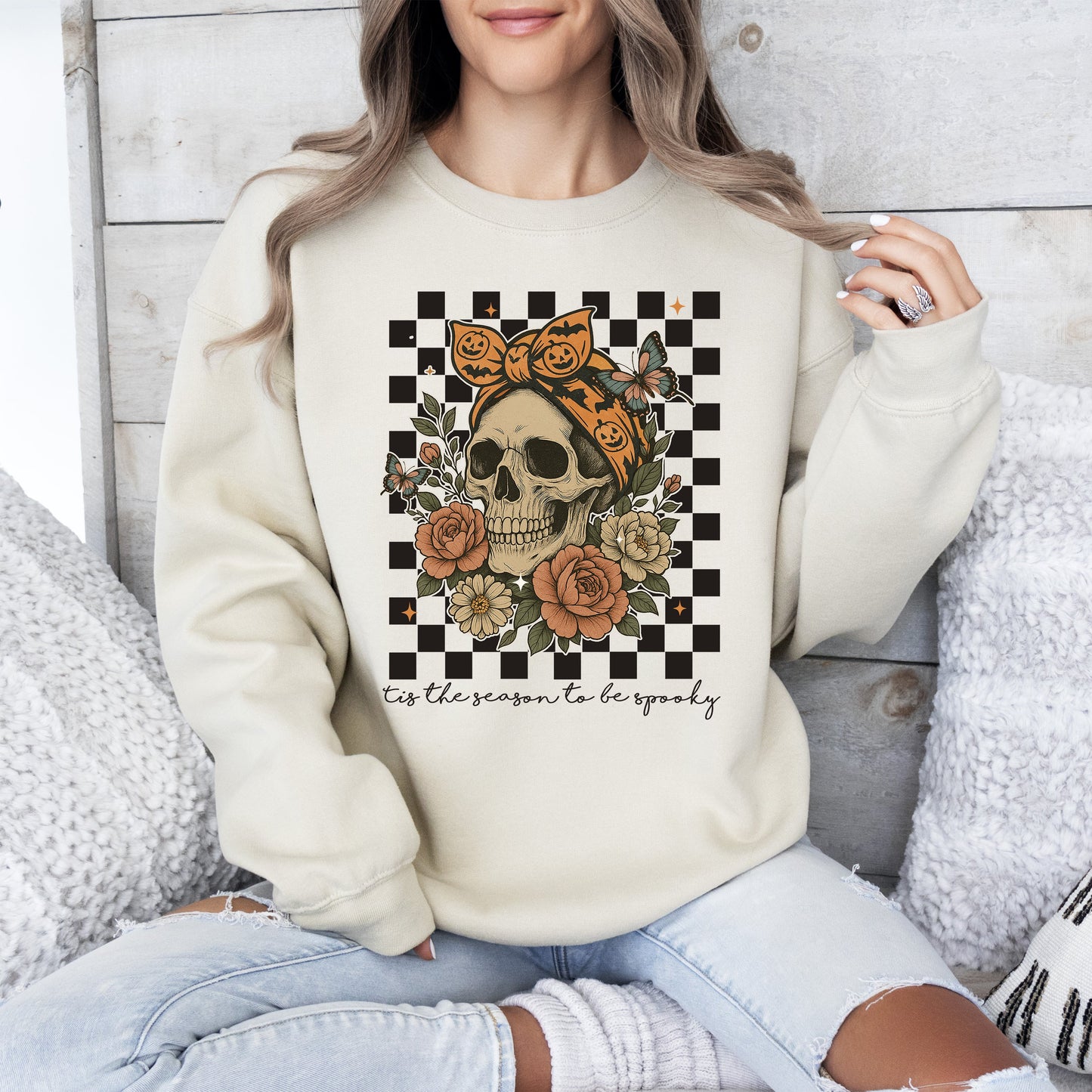 Tis The Season, Skull, Halloween, Ghost, Checkered, Retro, Vintage, Spooky, Costume, Fall, Graphic Sweatshirt