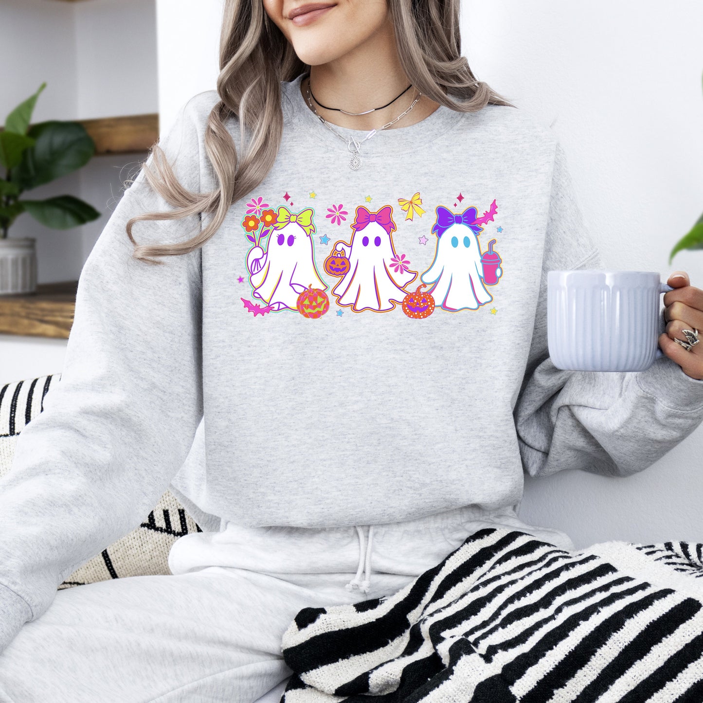 Cute Neon Ghosts, Halloween, Checkered, Retro, Vintage, Spooky, Costume, Fall, Graphic Sweatshirt
