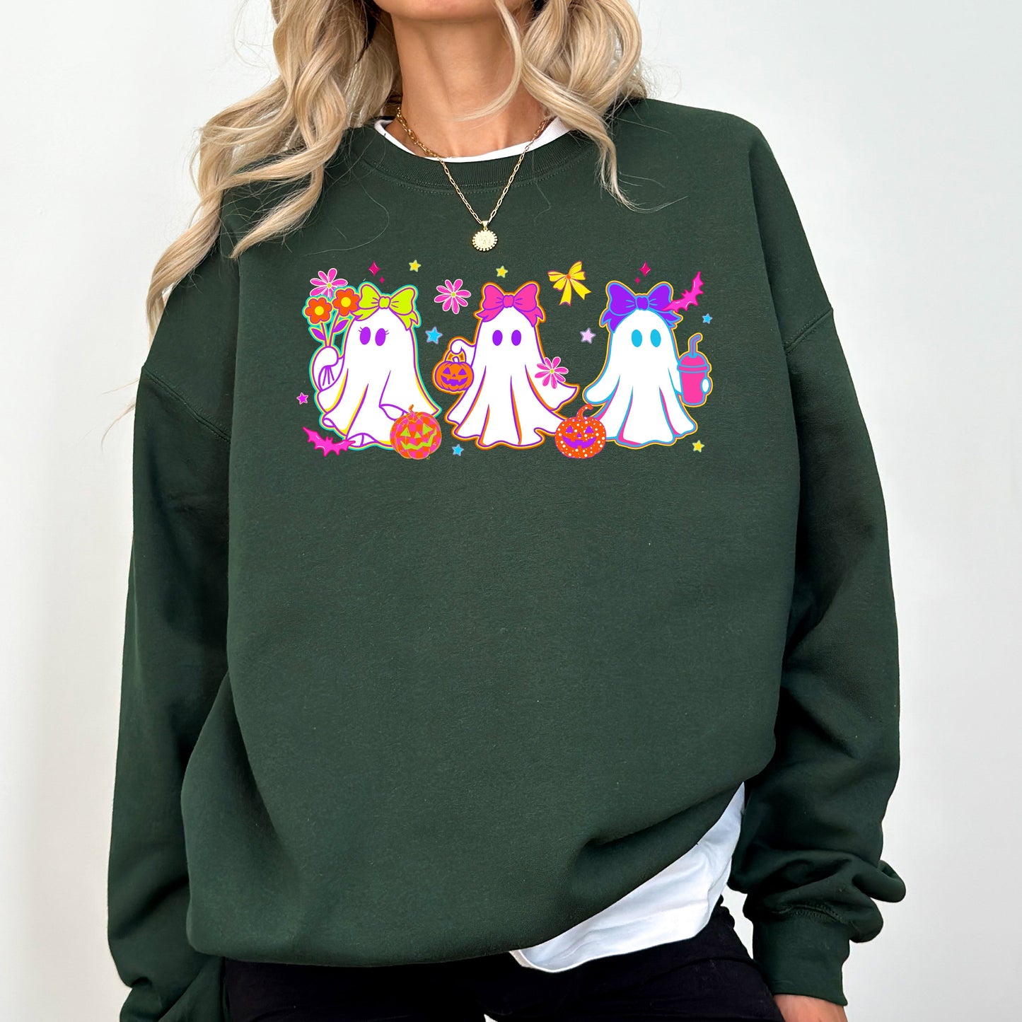 Cute Neon Ghosts, Halloween, Checkered, Retro, Vintage, Spooky, Costume, Fall, Graphic Sweatshirt