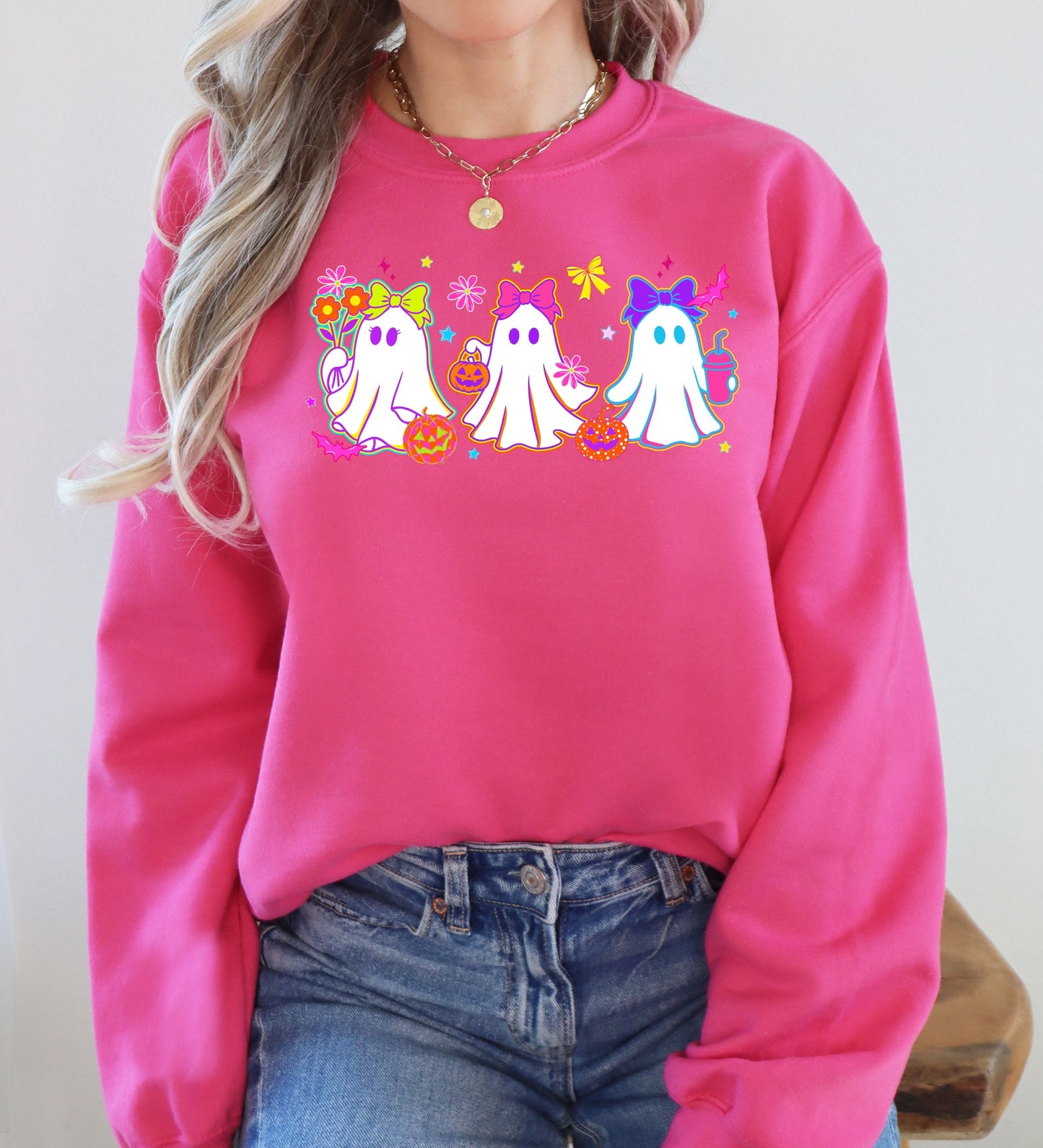 Cute Neon Ghosts, Halloween, Checkered, Retro, Vintage, Spooky, Costume, Fall, Graphic Sweatshirt
