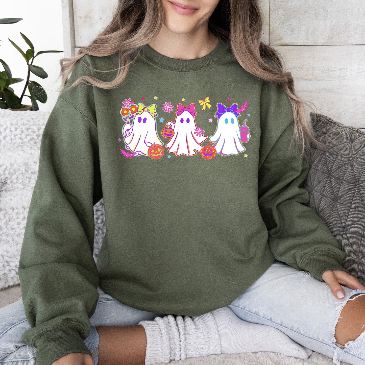 Cute Neon Ghosts, Halloween, Checkered, Retro, Vintage, Spooky, Costume, Fall, Graphic Sweatshirt