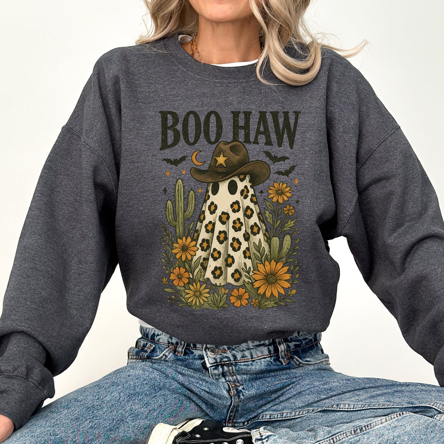 Boo Haw, Cowboy Ghost, Western, Halloween, Retro, Vintage, Spooky, Costume, Fall, Graphic Sweatshirt