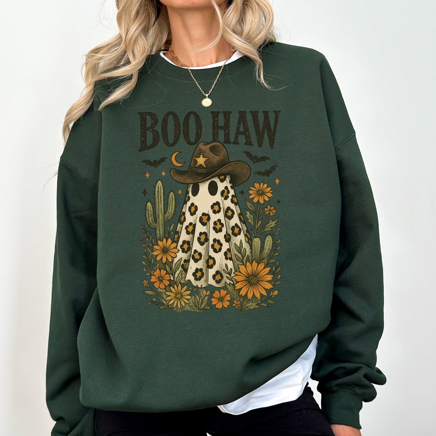 Boo Haw, Cowboy Ghost, Western, Halloween, Retro, Vintage, Spooky, Costume, Fall, Graphic Sweatshirt