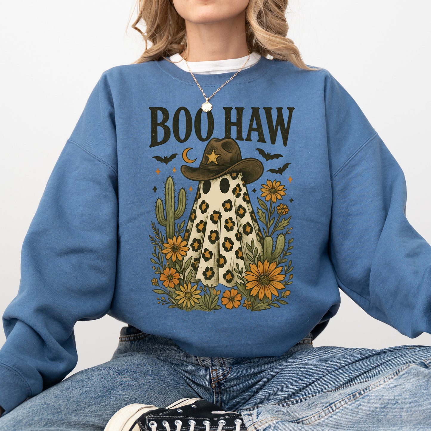 Boo Haw, Cowboy Ghost, Western, Halloween, Retro, Vintage, Spooky, Costume, Fall, Graphic Sweatshirt