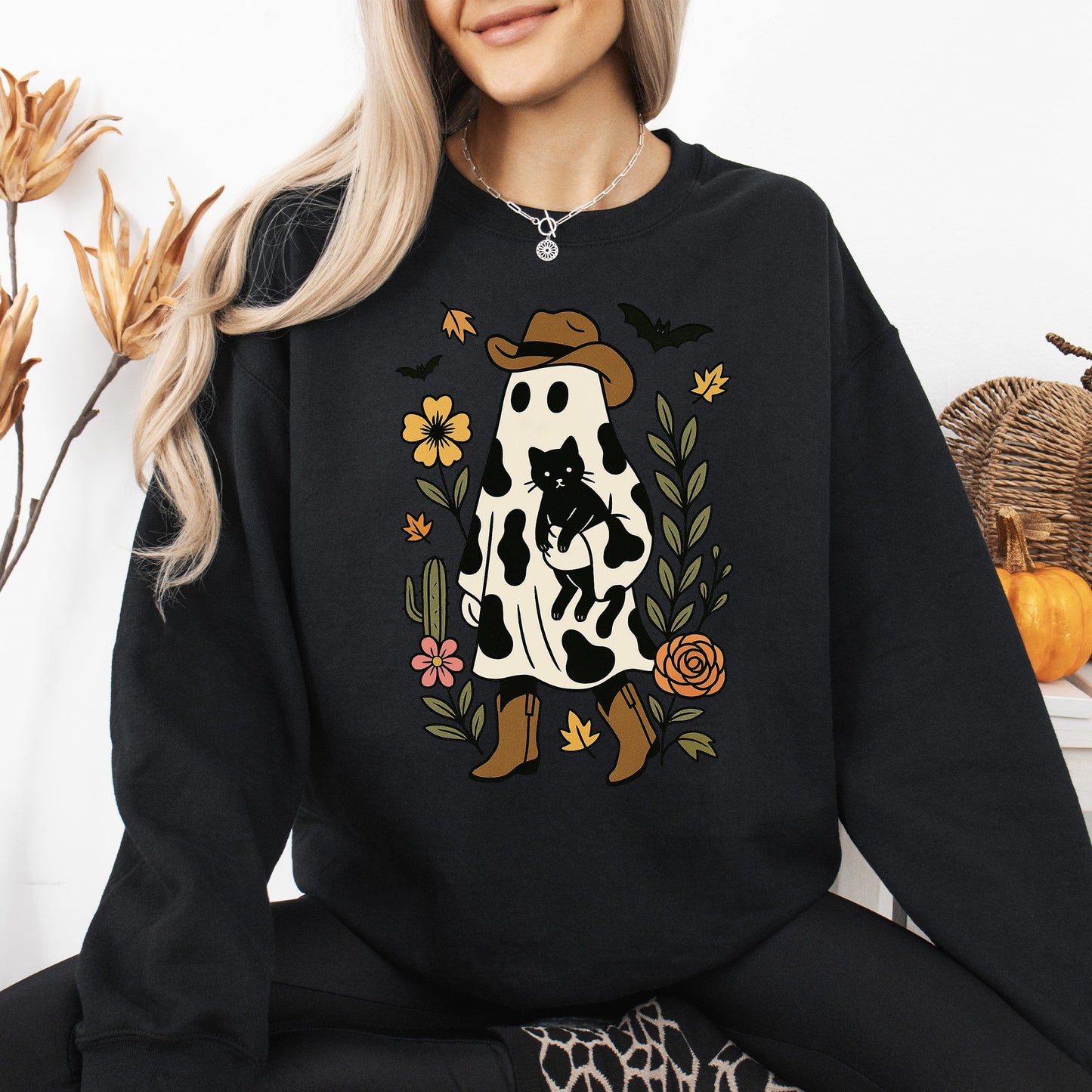 Cute Cowboy Ghost, Cat, Western, Halloween, Retro, Vintage, Spooky, Costume, Fall, Graphic Sweatshirt