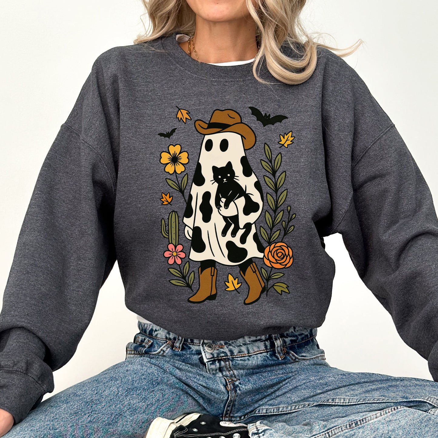 Cute Cowboy Ghost, Cat, Western, Halloween, Retro, Vintage, Spooky, Costume, Fall, Graphic Sweatshirt