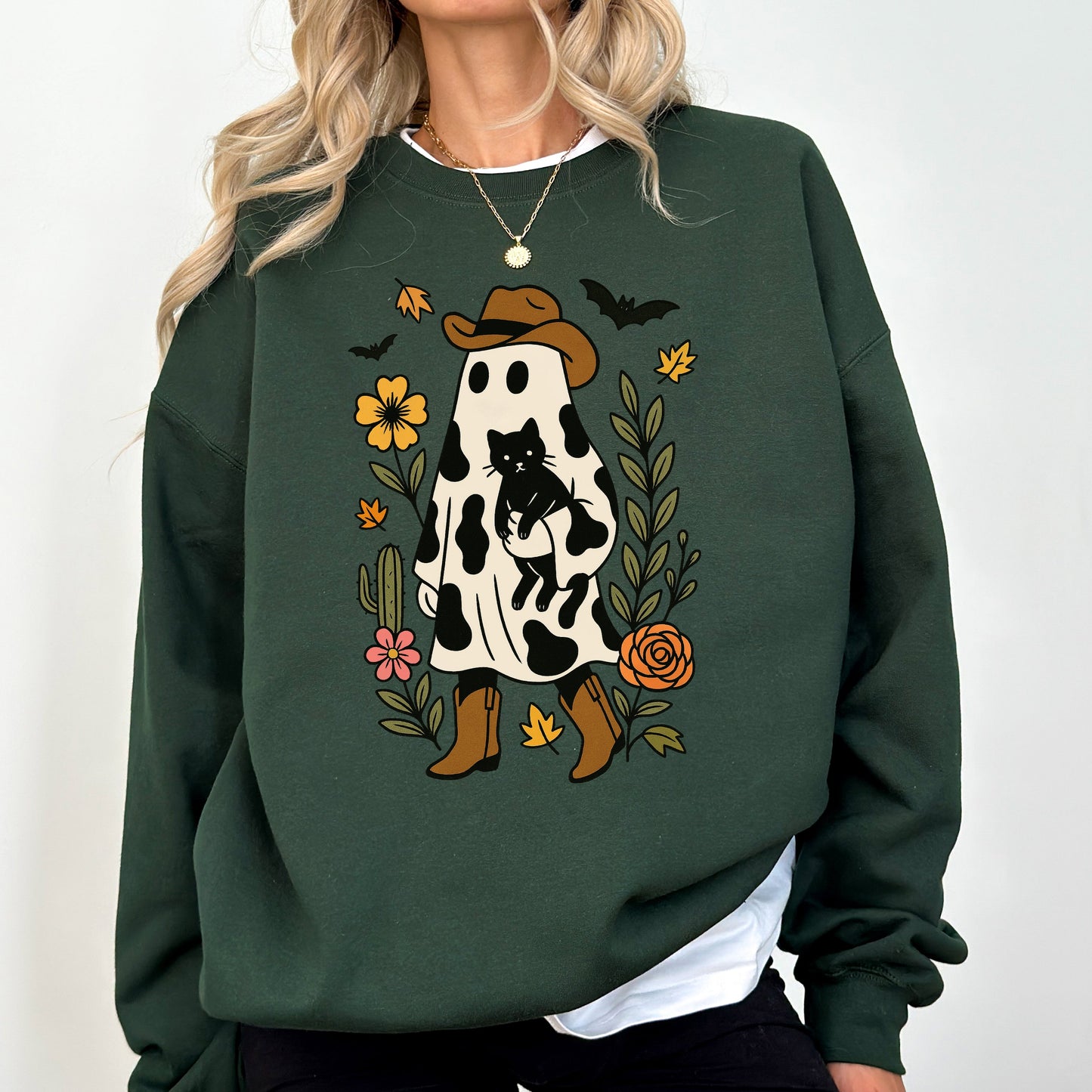 Cute Cowboy Ghost, Cat, Western, Halloween, Retro, Vintage, Spooky, Costume, Fall, Graphic Sweatshirt