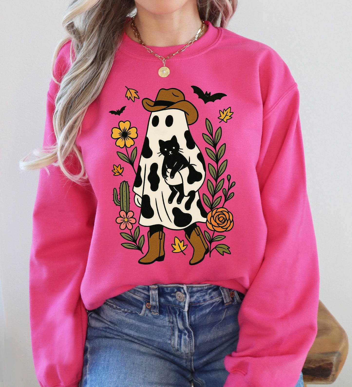 Cute Cowboy Ghost, Cat, Western, Halloween, Retro, Vintage, Spooky, Costume, Fall, Graphic Sweatshirt